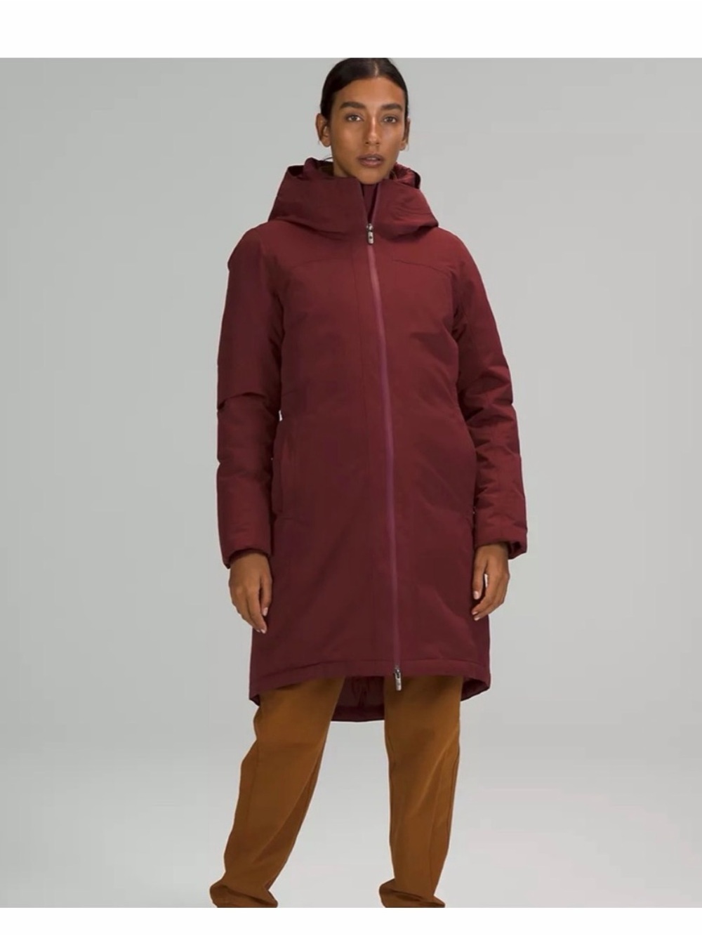 lululemon athletica Long Hooded Puffer Coat in Burgundy